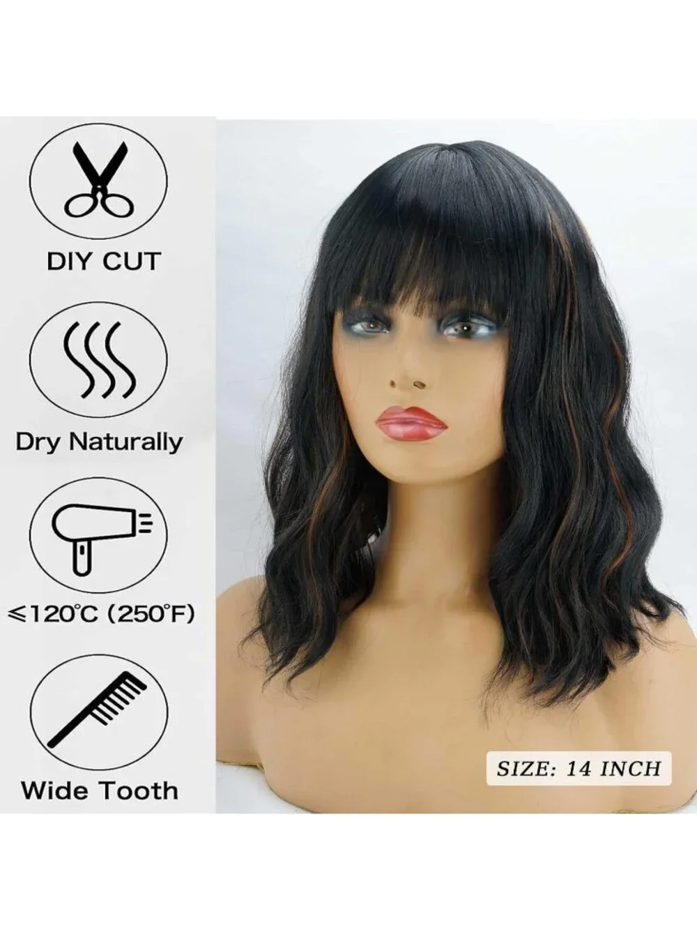 Women's Black Mixed Brown 14 Inch Heat Resistant Short Bangs Bob Modern Wavy Wig